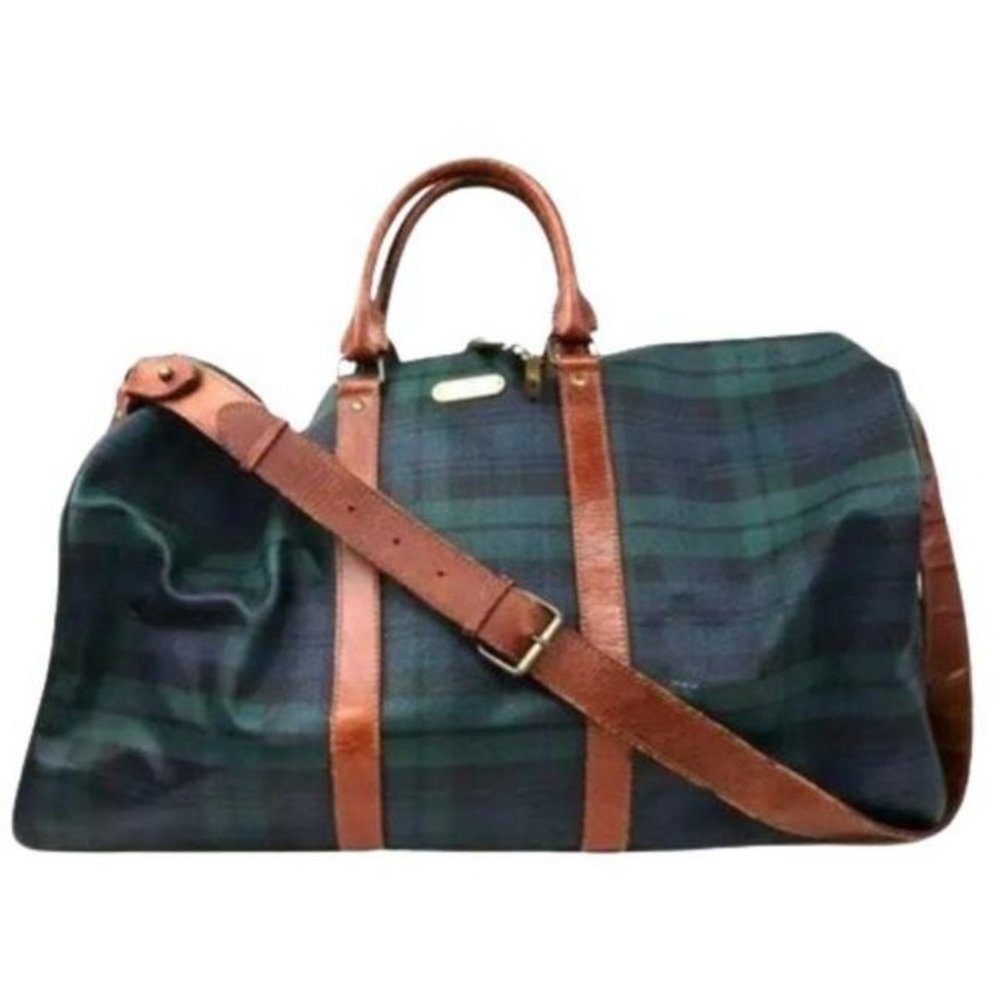 Polo by Ralph Lauren Green Navy Plaid Travel Duffel with Brown Leather Trim